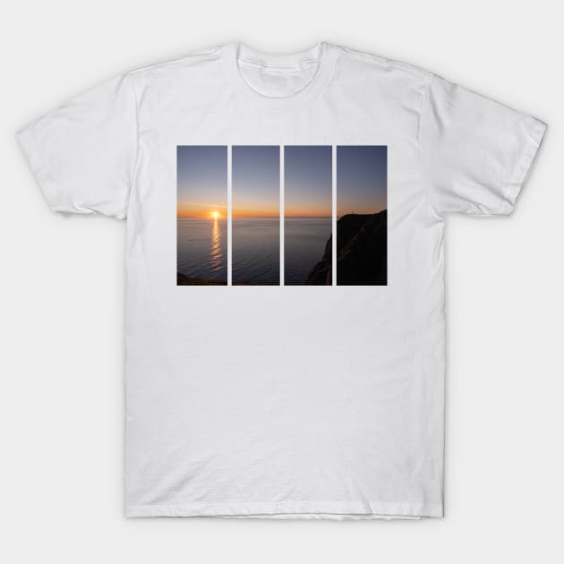 Wonderful landscapes in Norway. Nord-Norge. Beautiful scenery of a midnight sun sunset at Nordkapp (Cape North). Boat and globe on a cliff. Rippled sea and clear orange sky. T-Shirt by fabbroni-art